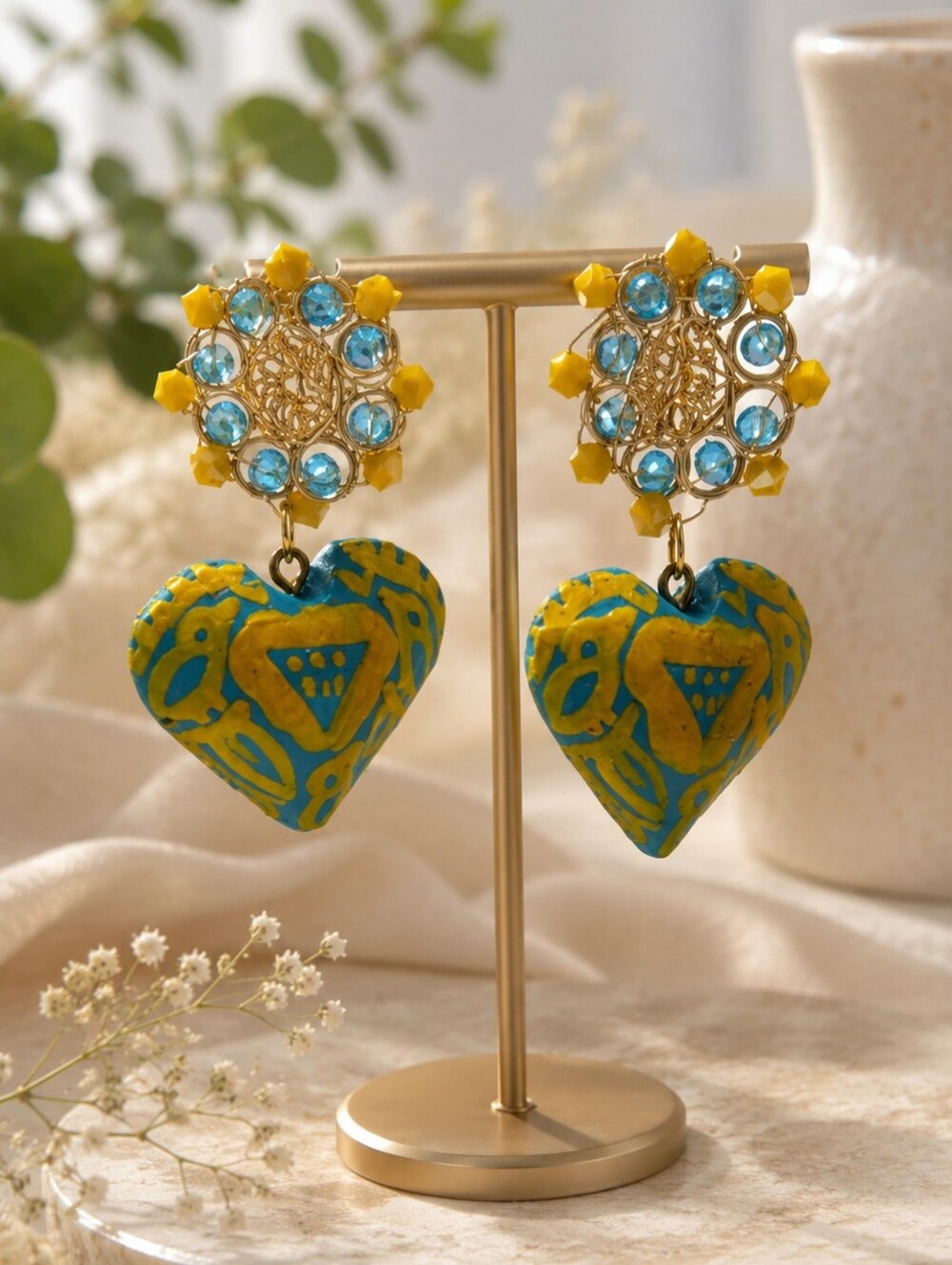 Handcrafted Blue and Yellow Heart Earrings